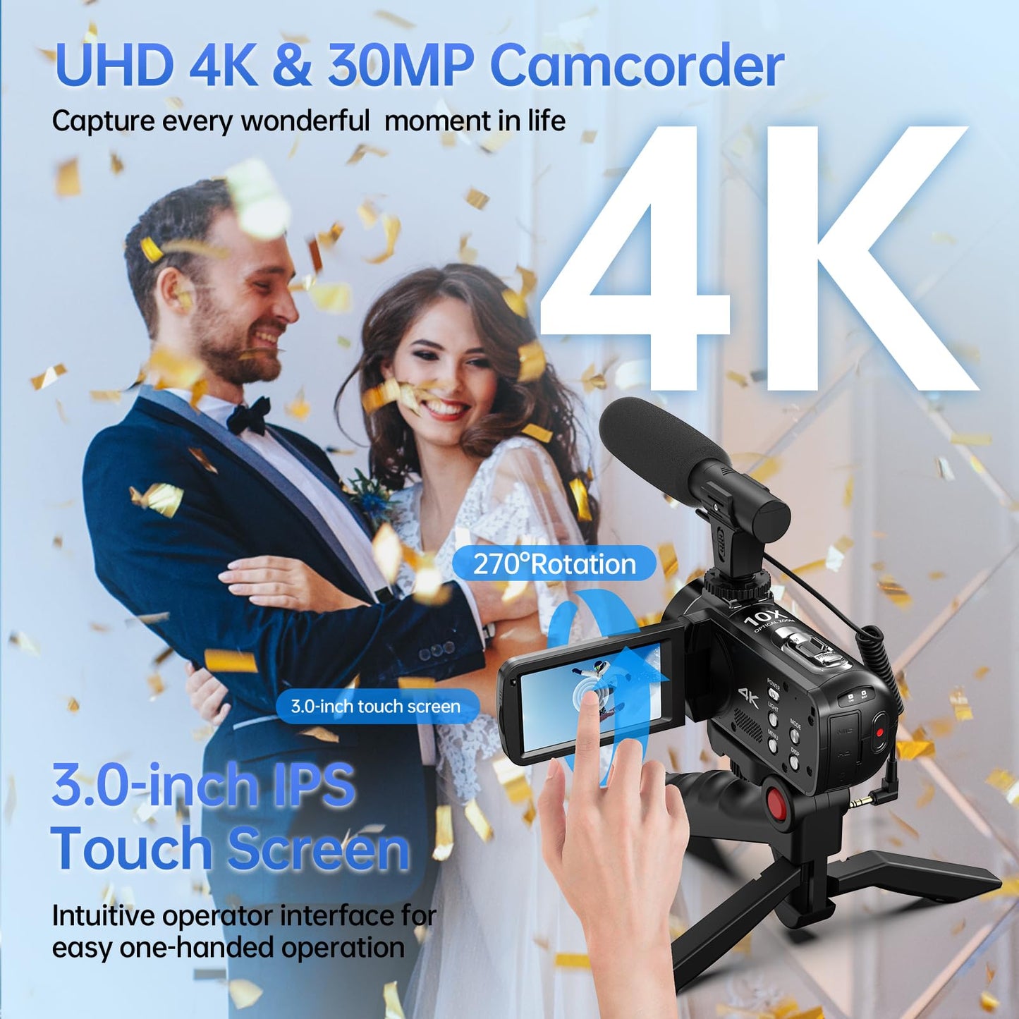 4K Videokamera Camcorder, 10X Optischer 120X Intelligenter Zoom Vlogging Kamera, 30 MP Autofokus Webcam Camera mit Stativ, 3,0-Zoll-IPS-Touchscreen, Mikrofon, 32 GB SD Karte, 2 Batterien für YouTube