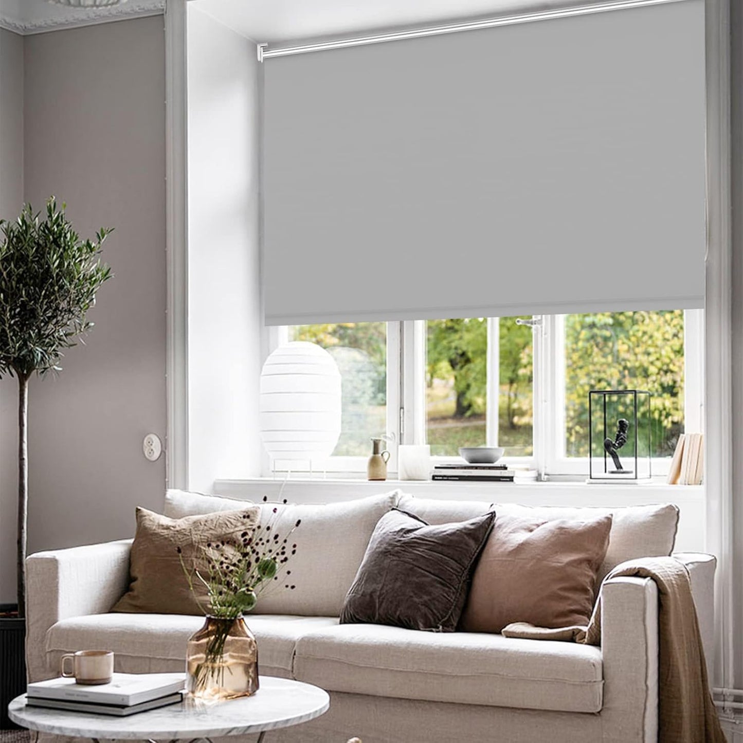 Verdunklungsrollo ohne Bohren Rollos für Fenster B45 x H170 cm (Stoffbreite 40cm) Hellgrau Thermo Rollo Klemmfix Verdunkelungsrollo Seitenzugrollo Sicht-und Sonnenschutz Wandmontage