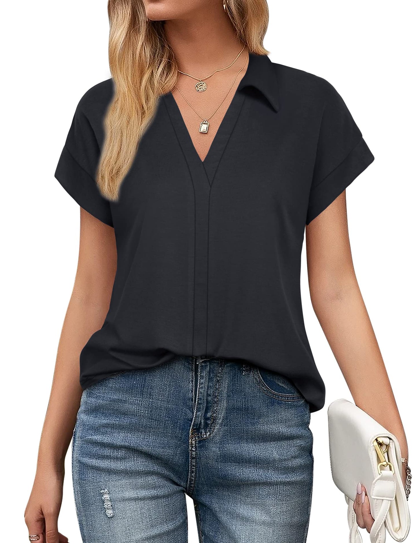 Damen Bluse, Gaharu Damenblusen Kurzarm Elegant Bügelfrei Baumwolle Büro Bluse mit Kragen Schwarz Oberteil Frauen Berufsbekleidung Damen Einfarbig Sommer Shirt Lässig Legere Bluse Formelle Kleidung