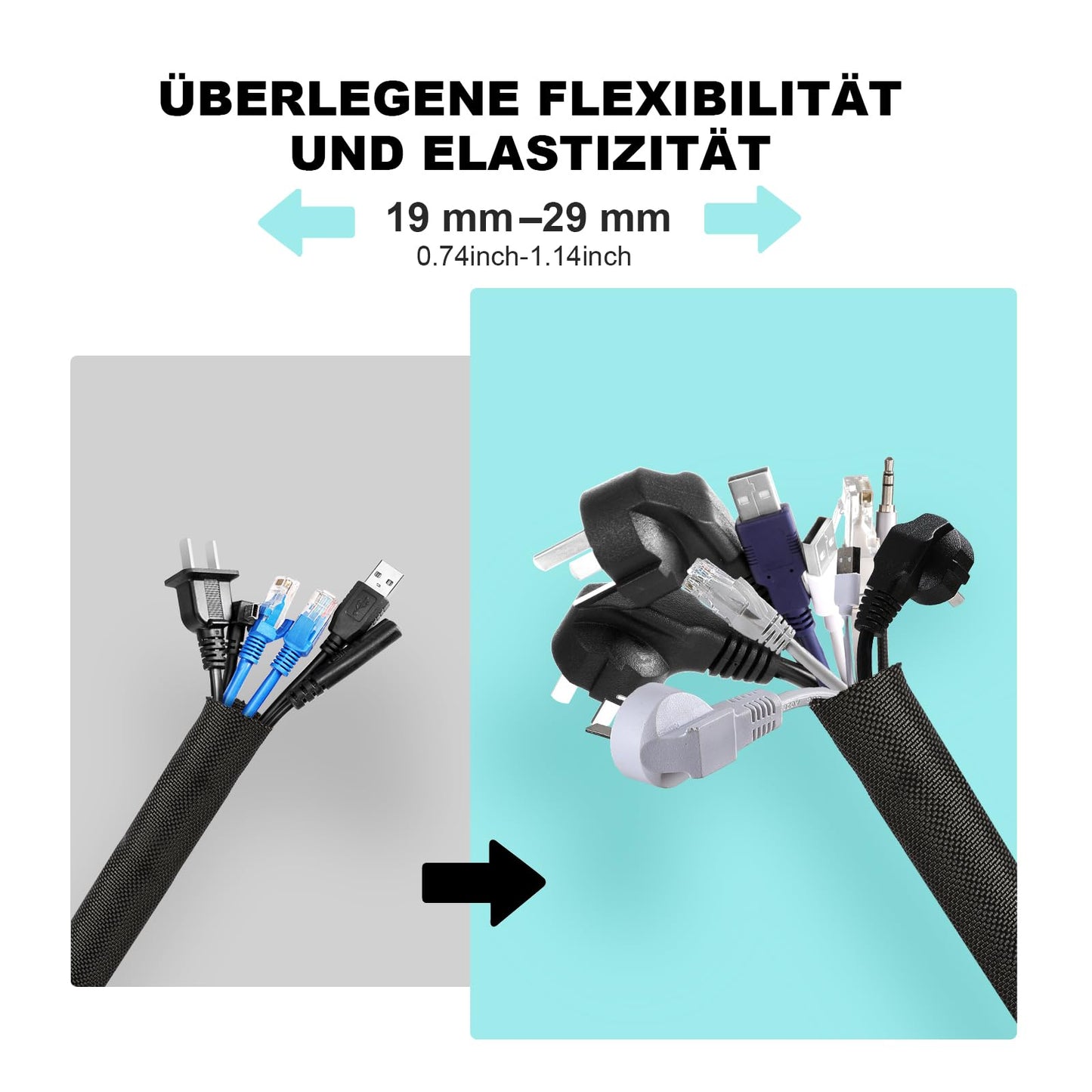 AGPTEK 3m Kabelschlauch, 25mm selbstschließend Kabelkanal, Flexibler Textilien Kabelmantel, Kabelmanagement für Schreibtisch, TV, Computer, PC, Kabelschutz für Hund, Katze, Schwarz