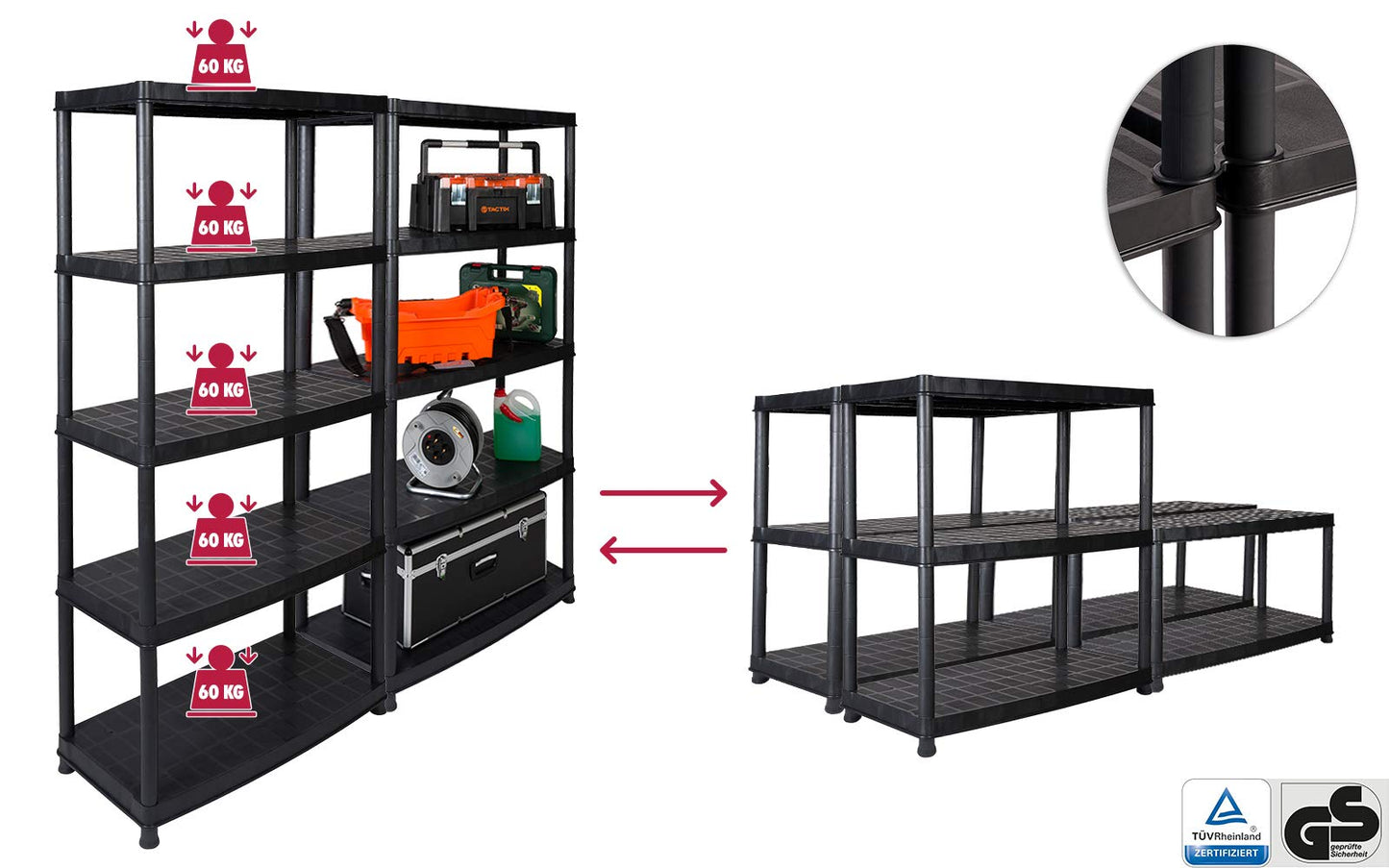 2 Stück XL Schwerlastregale, Lagerregale mit dem Maß von jeweils 85 x 40 x 185 in Schwarz. Beide Regale teilbar: Aus 2 Regalen mach 4 Regale! SGS TÜV geprüfte Qualität