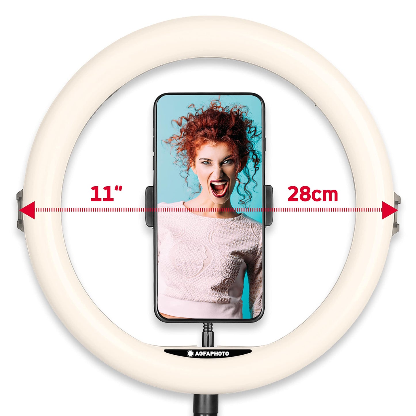 AgfaPhoto Ringlicht Realiview ARL11XL - 11'' LED-Beleuchtung mit verstellbarem Stativ (45cm bis 155cm) - Das Ringlicht für Videos, Fotos, kompatibel mit Smartphones und Kompaktkameras