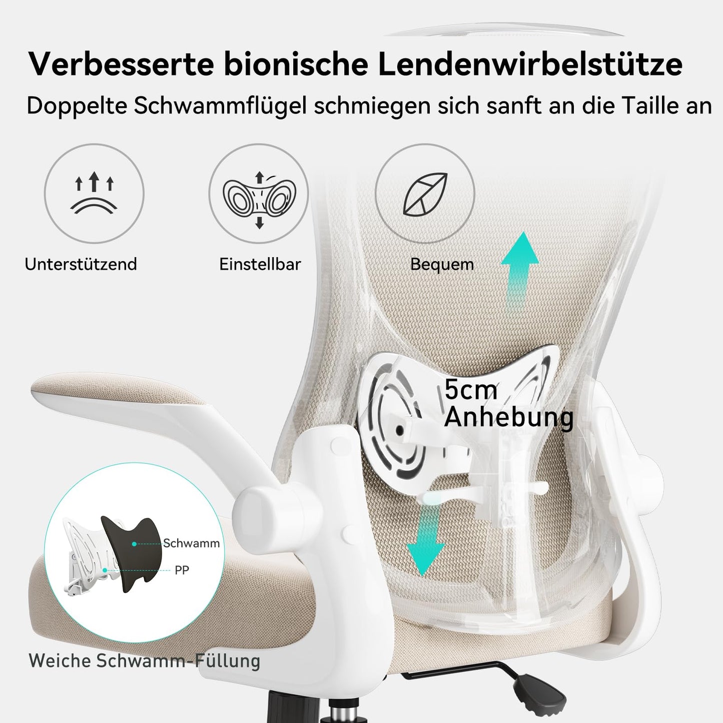 Hbada Bürostuhl Ergonomisch, Schreibtischstuhl, Computer Bürostuhl mit hochklappbarer Armlehne und Lendenwirbelstütze, Drehstuhl Höhenverstellbar, Grau