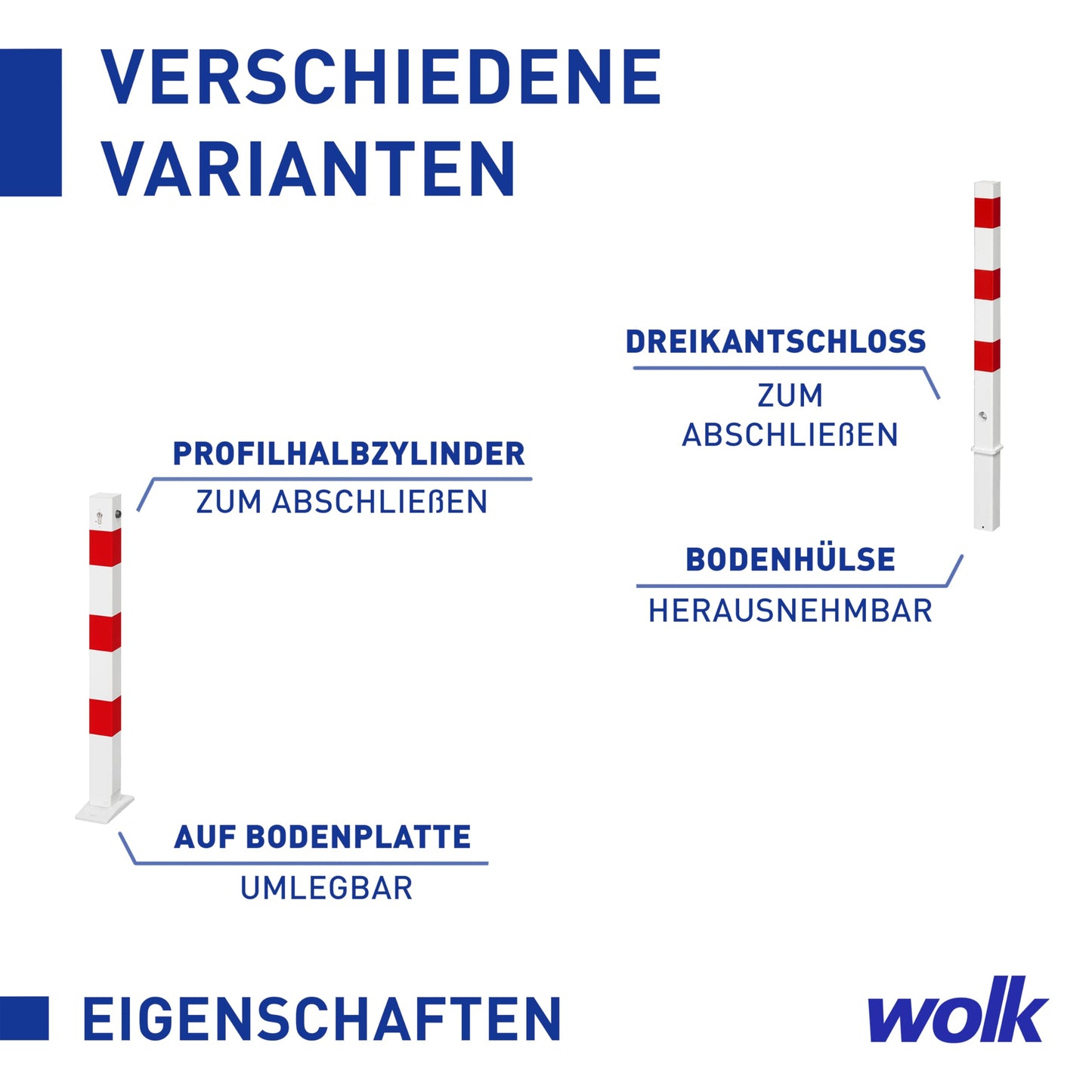 Absperrpfosten aus Stahl SPU 704 rot/weiß - herausnehmbar mit Bodenhülse, Dreikantschloss - Höhe ü. Flur: 900 mm, Vierkantpfosten: 70 x 70 mm - rote Reflexfolie - wolk