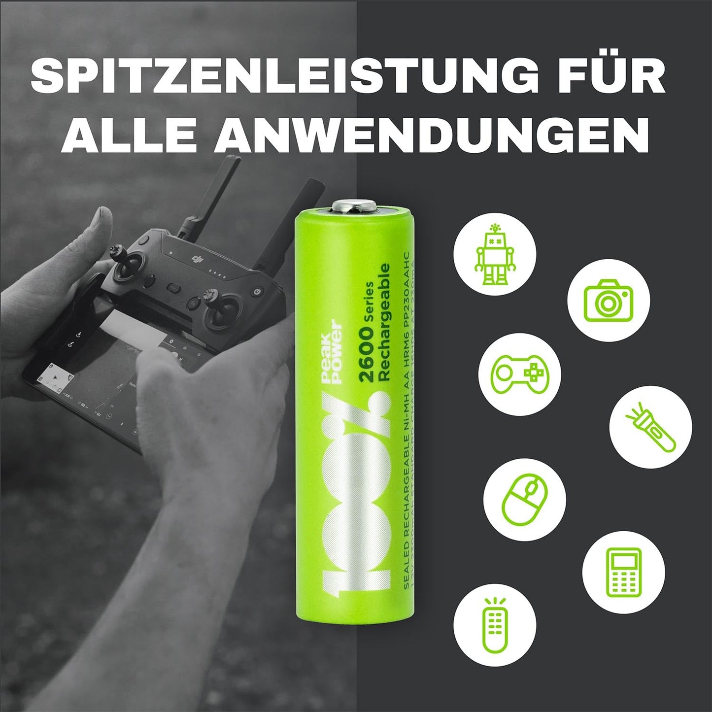 100% PeakPower Akku AA NiMH | 12 Stück Batterien AA wiederaufladbar 1,2V | optimierte Kapazität, geringe Selbstentladung, vorgeladen | AA Akkus wiederaufladbar x12