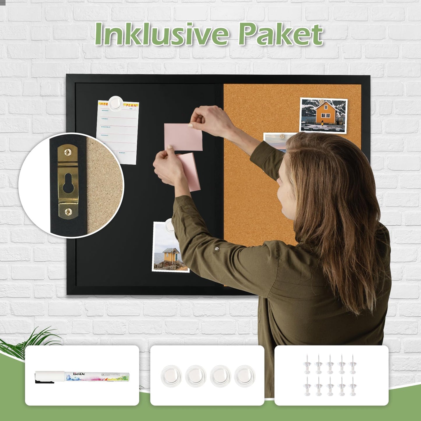 QUEENLINK Kombitafel mit Magnetische Kreidetafel und Pinnwand Kork 40 x 60 cm Pinnwand Küche Magnettafel Memoboard