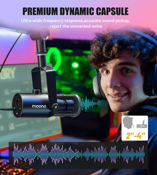 MAONO Dynamisches Mikrofon, USB/XLR-Podcast-PC-Mikrofon mit Software, EQ, Tap-to-Mute, Gain-Regler und Lautstärkeregler, Studiomikrofon für Rundfunk, Aufnahme, Streaming und Gaming (PD400X)