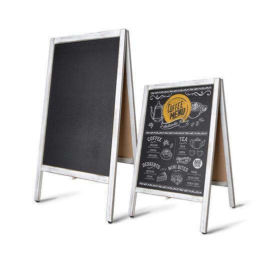 MoB Kundenstopper Outdoor wetterfest Plakatständer, Werbeaufsteller, Werbetafel für Aussen beschreibare Kreidetafel für Gastro doppelseitig mit weißen Holzrahmen 81x50,8x4,5 cm