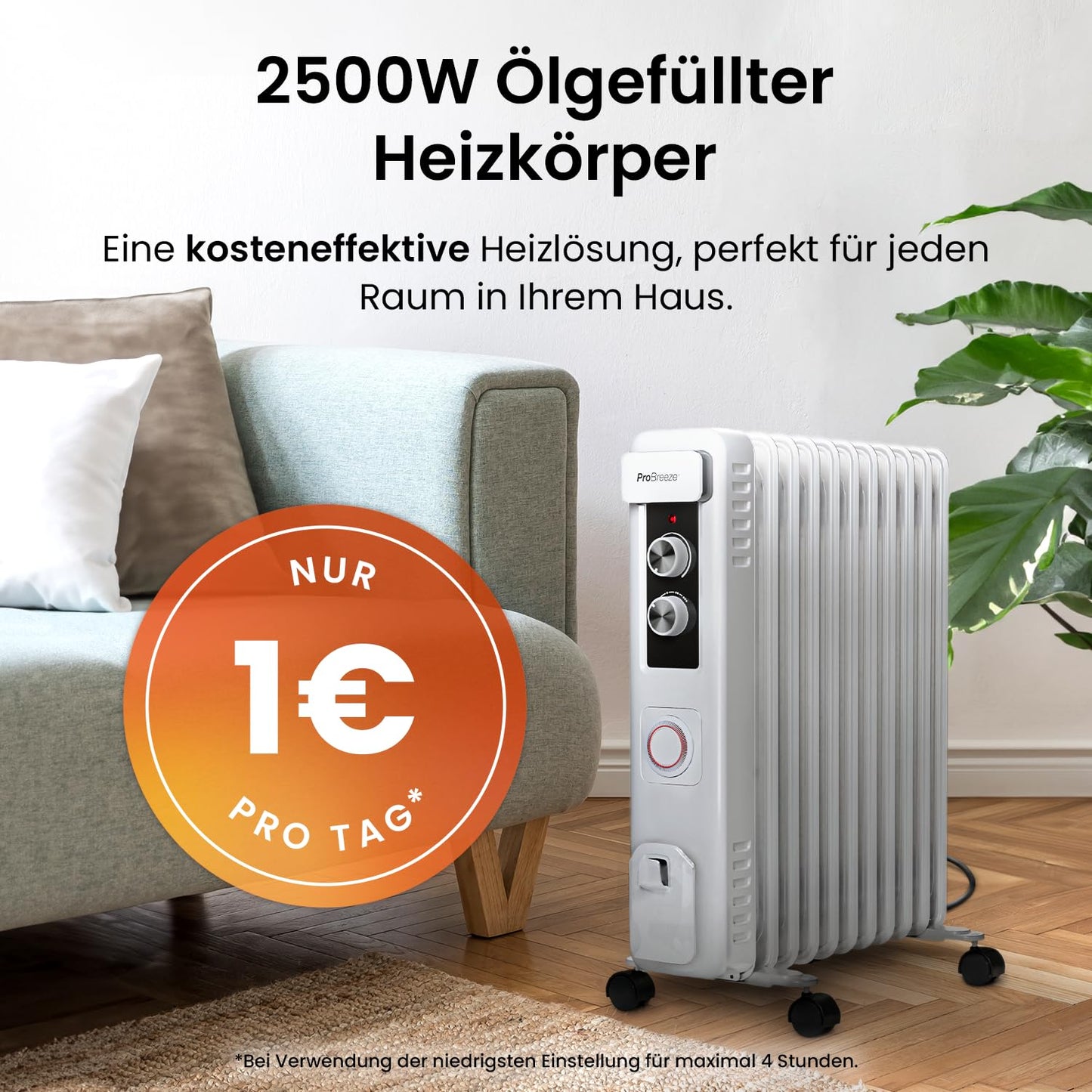 Pro Breeze 2500W Ölradiator mit 11 Heizrippen, Elektrischer Heizkörper, 24h Timer, Ölradiator energiesparend, 3 Heizstufen, Einstellbares Thermostat & Sicherheitsabschaltfunktion
