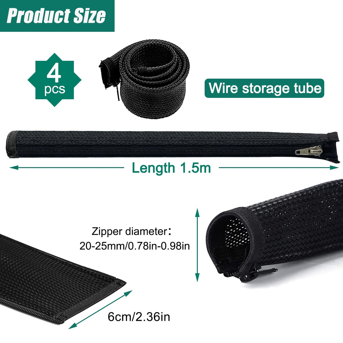 4 Stück X 1.5m Kabelkanal Schreibtisch Flexibel Management, kabelmanagement Schwarz mit Reißverschluss, Durchmesser 2-2.5cm, Kabelschlauch Kabel Cable Organizer Management für PC Kabelschutz