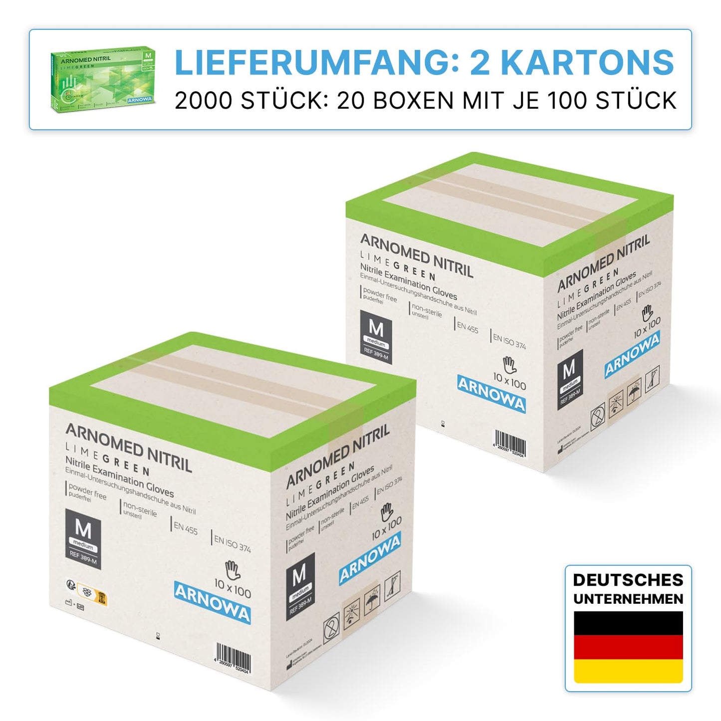 2000 Stück ARNOMED Einweghandschuhe Grün, Einmalhandschuhe M, Nitril Handschuhe Einweg, Nitrilhandschuhe puderfrei, Gummihandschuhe Einweg, Schutzhandschuhe