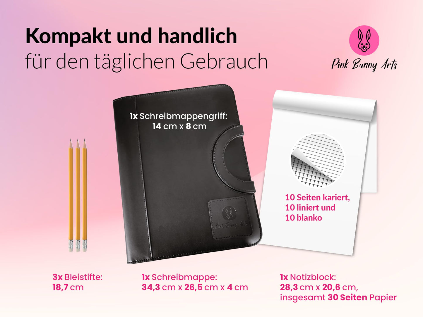Pink Bunny Arts Schreibmappe A4 - Dokumentenmappe in hochwertiger Lederoptik - Konferenzmappe A4 inkl. Klemmbügel - Notizbuch Bürobedarf