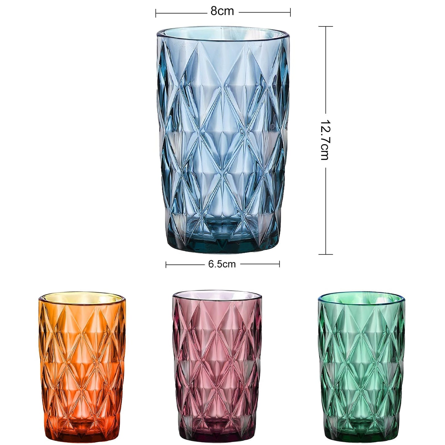LOITTAINUE Trinkgläser Set Bunt - Gläser Set 4 Teilig, 400ml Vintage Wassergläser Set aus Glas mit Geprägtem Design - Saftgläser Drinkgläser Küchengläser - Spülmaschinenfest (Lila, Grün, Blau, Gelb)