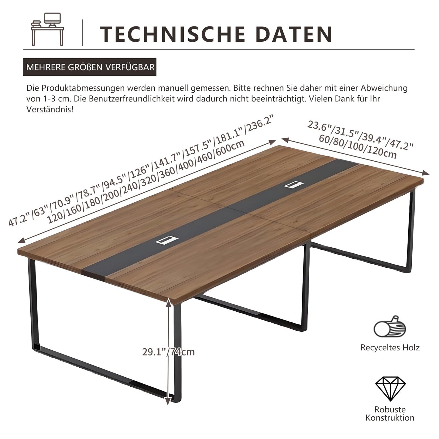 ZRBDDEF Großer Konferenztisch Dunkelgrau, Moderner Rechteckiger Meetingtisch für 8-12 Personen mit Kabelmanagement, Stabiler Metallrahmen