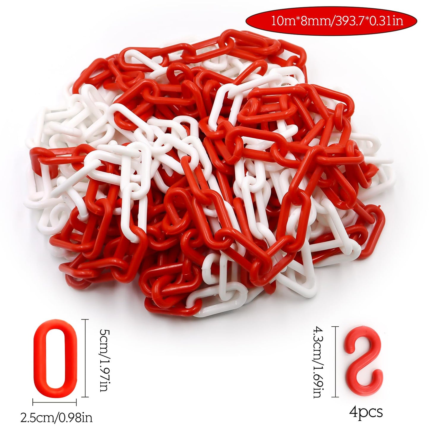 alwaiiz Absperrkette Rot Weiß Kunststoff 10m x 8mm, Leicht und Praktisch Absperrkette Warnkette mit 4 S Haken, Kunststoffkette zum Absperren von Flächen