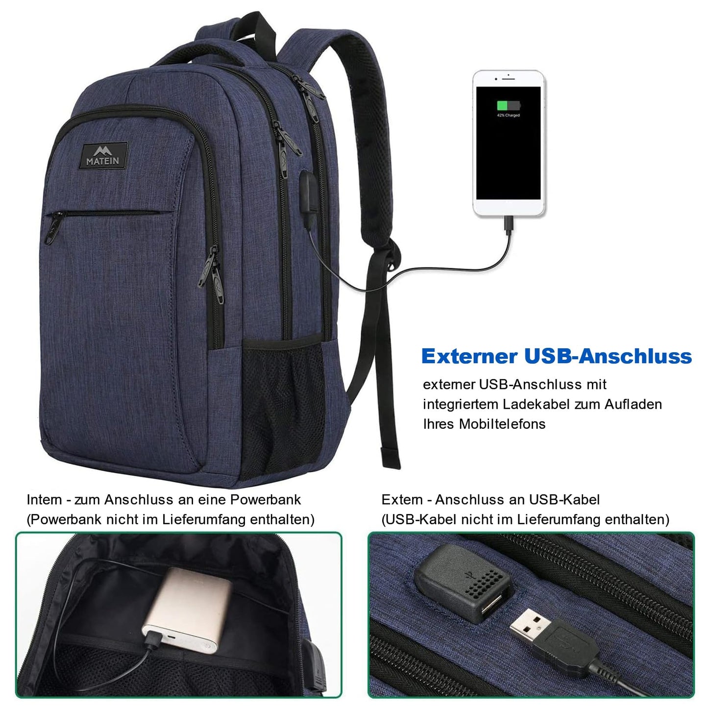 MATEIN Rucksack Herren Große 17,3 Zoll, Computer Arbeitsrucksack mit Laptopfach USB-Ladeanschluss Schulrucksack Wasserdicht Anti-Diebstahl Reiserucksack Männer und Frauen, Dunkelblau