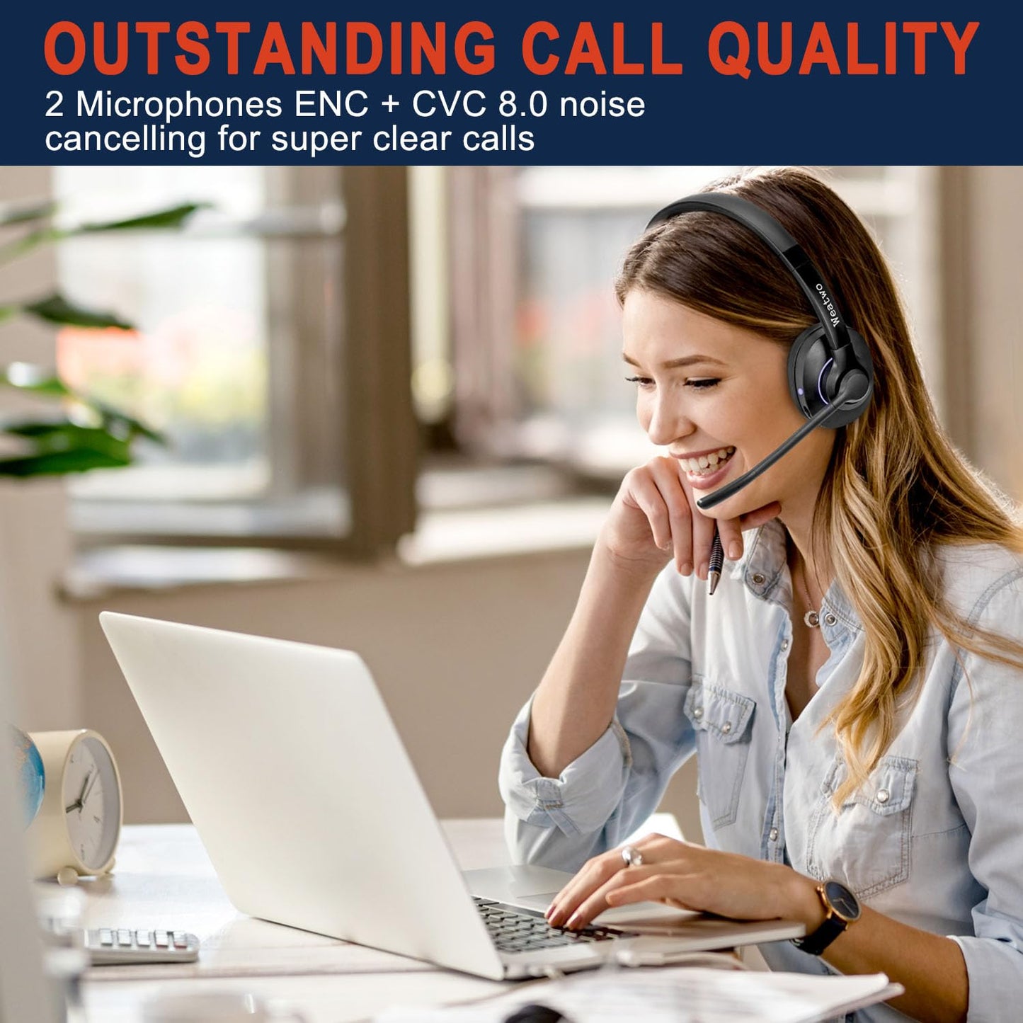 Bluetooth Headset V5.1 Klasse 1, Wireless Headset mit CVC8.0 Dual Mikrofon Noise Cancelling Headset Kabellos für Handy PC Teams Zoom Home Office, 30 Stunden+ Sprechzeit, Komfort Passform