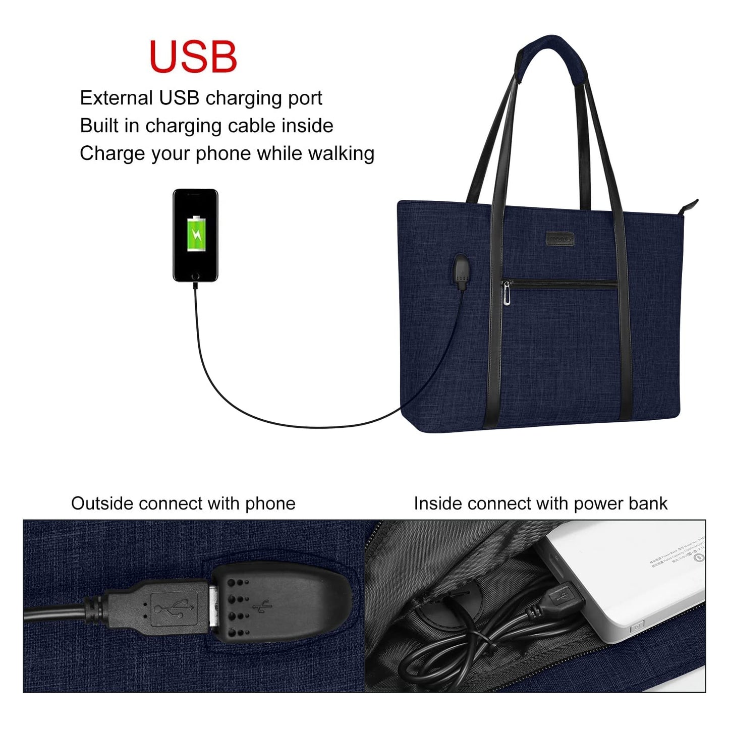 MOSISO USB Anschluss Laptop Tote Tasche für Frauen,Kompatibel mit MacBook,17-17,3 Zoll Notebook und Chromebook,Robuste Veranstalter Geschäftsreise Aktentasche mit kleiner Geldbörse,Navy Blau
