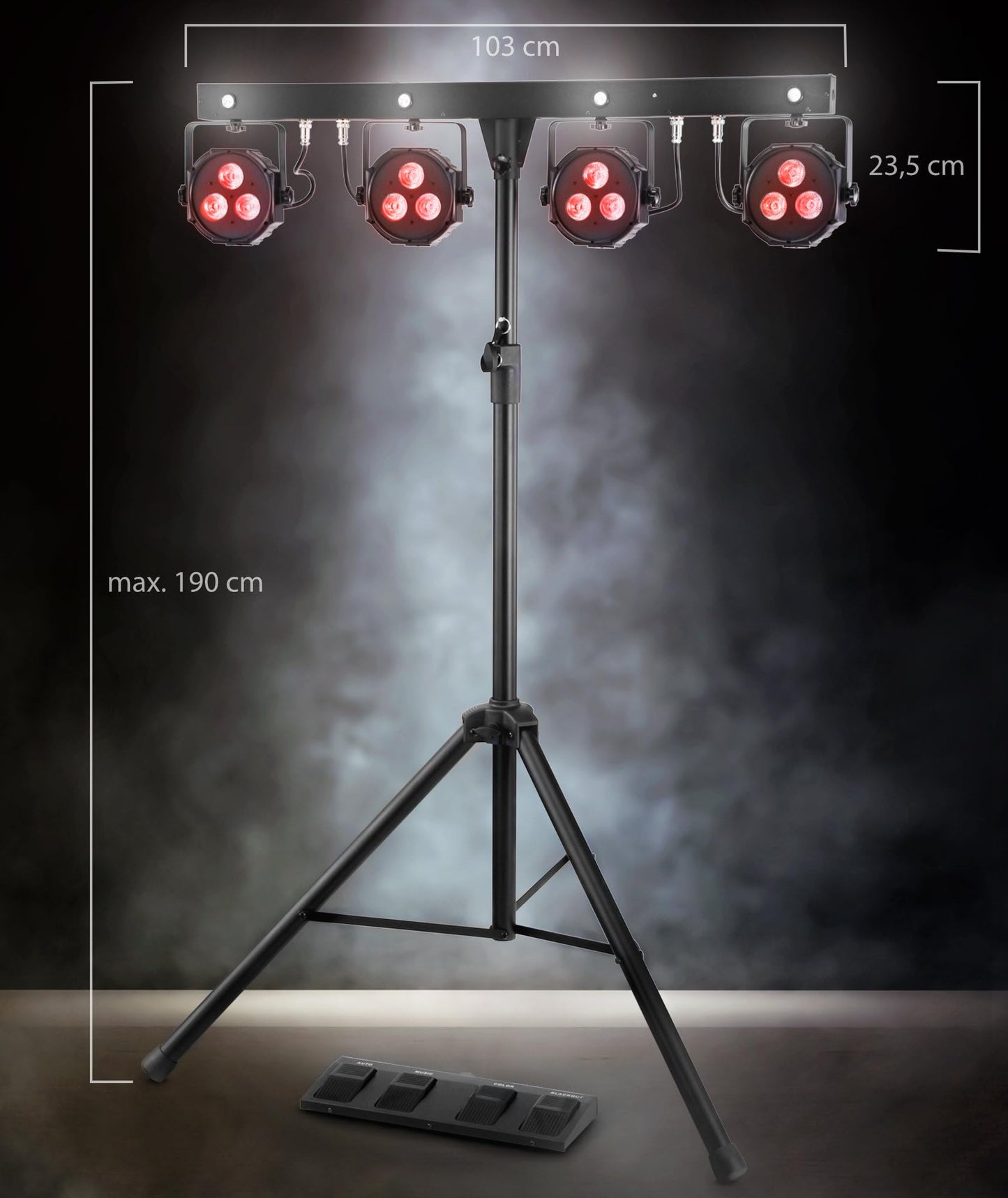 Showlite LB-4390 LED Licht Komplettanlage RGB, mit Wireless Fußschalter (Tri-LED PAR Spots, weiße Strobe-Spots, DMX512, Funk-Fußpedal, LCD-Display, Mikrofon, T-Bar, Stativ, Taschen)