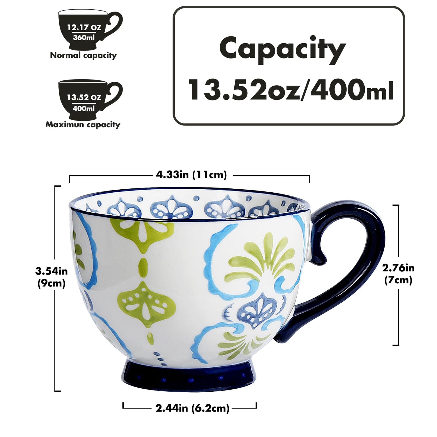 Greentainer Keramik Groß Tasse, Kaffeetasse aus Porzellan mit Henkel für Milch Capuccino, Tee, Kakao Kaffee,4er 400ml Beacher für Geburtstag, Weihnachten, Muttertag, Valentinstag, Freund