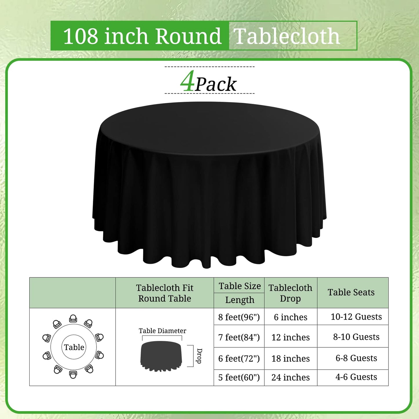 4 Stück Runde Tischdecke 275 cm, Schwarz Polyester Tischdecke für Runden Tische schmutzabweisende und Waschbare Tischdecke Dekorative Tischdecke für Hochzeiten, Geburtstage, Partys, Bankette, Camping