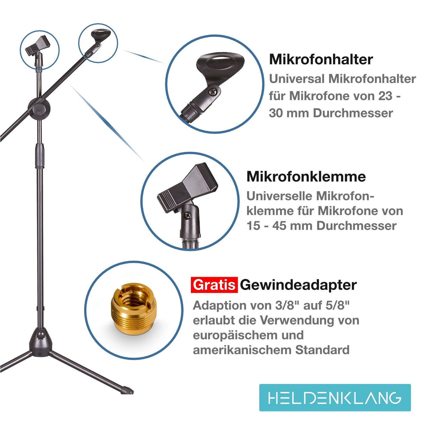 Heldenklang® Mikrofonständer für 2 Mikrofone – Mit Schwenkarm, 2 Mikrofonklemmen und Adapter – Extra großer Tripod Standfuß für einen stabilen Stand