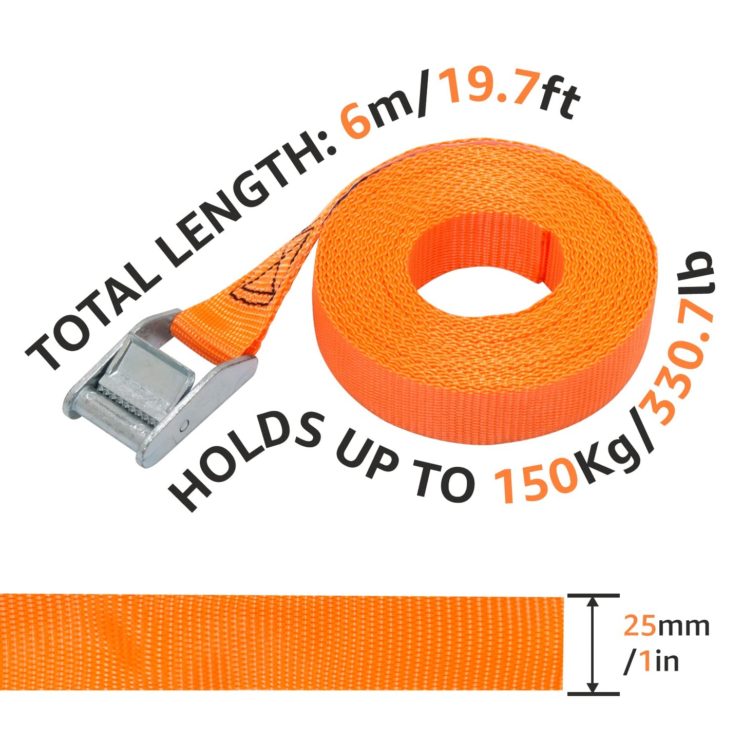 Amazon Basics – Spanngurt, 6 m lang, 25 mm breit, Belastbarkeit 150 kg, entspricht DIN EN 12195-2, Orange, 4 Stück