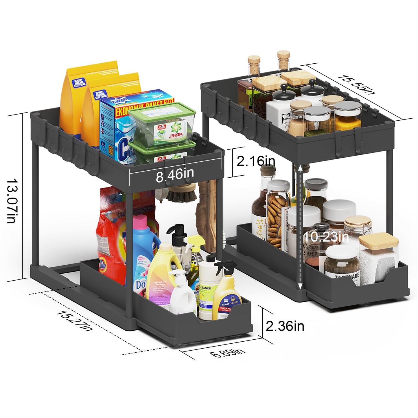 Meltrck Spülschrank Organizer - 2 Stück Unter Waschbecken Regal Organizer - Ausziehbares Lagerregal Organizer mit 16 Haken,Schwar