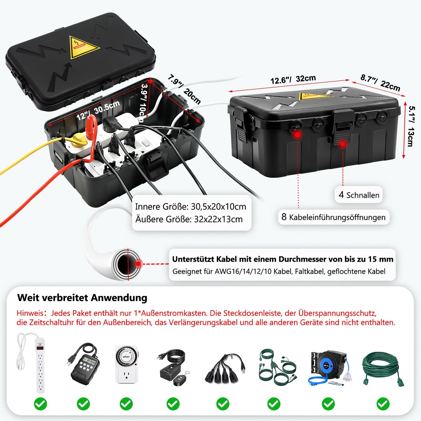 Außenbereich Elektrobox,IP54 Wasserdichte Outdoor Outlet Covers, Wetterfeste Verlängerungskabel Abdeckungen Schützen Steckdose, Steckdose, Timer,Plug,Holiday Light (32 x 22 x 13 cm)-Schwarz