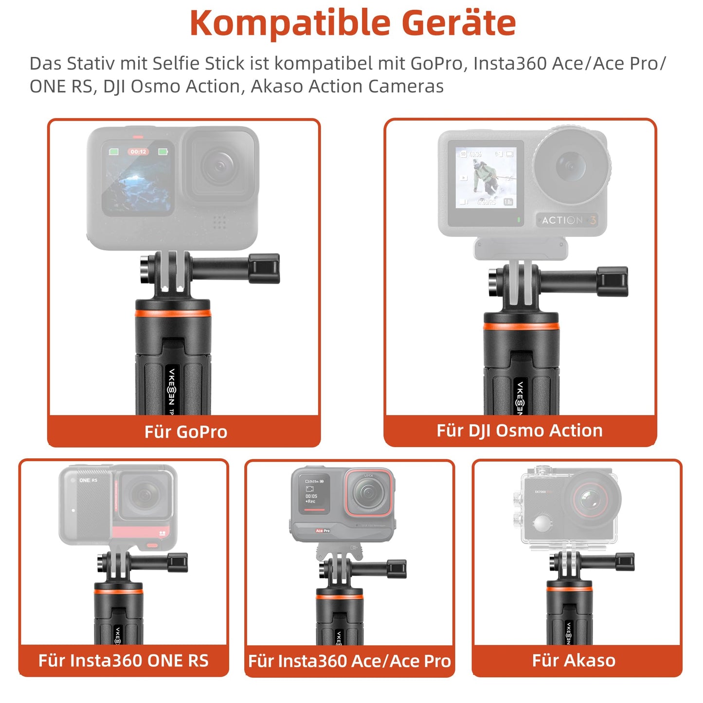 Vkesen Mini-Stativ für GoPro, Tragbar Stativ mit 51cm Verlängerungsstange, Mini-Selfie-Stick kompatibel mit GoPro Hero 13/12/11/10/9/8/7/Max, DJI Osmo Action Action-Kamera(Zubehör Für GoPro)