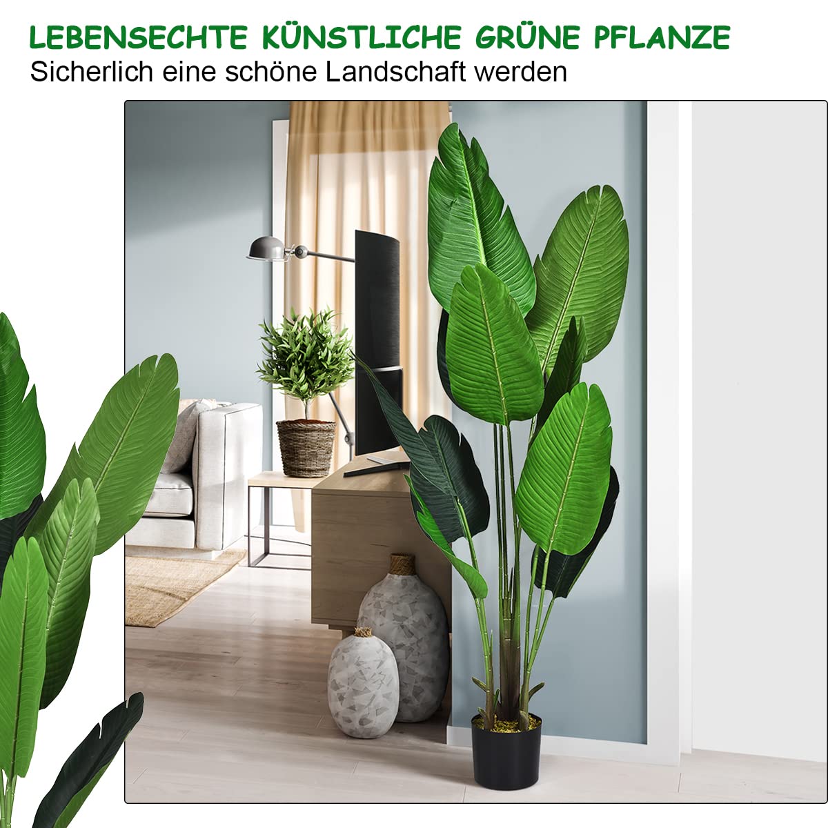 COSTWAY 160cm Kunstpflanze Tropische Palme Künstliche Monstera Schlangenpflanze, Zimmerpflanze mit stabilem Topf & 10 Blättern, Pflanze Grün für Garten Büro Zimmer Dekoration