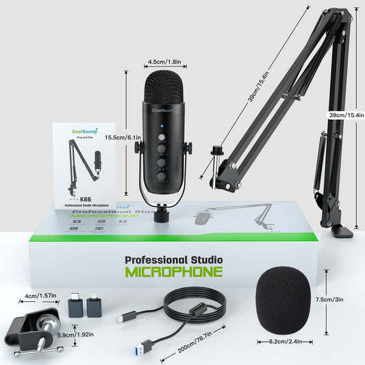 zealsound USB Mikrofon Set, Kondensator Gaming kit für PC, Handy, Laptop, mit Scherenarm, Mute, Gain Regler, für Podcasts, Aufnahme, YouTube, Streaming, Voice-Over, PS4 & PS5, K66S