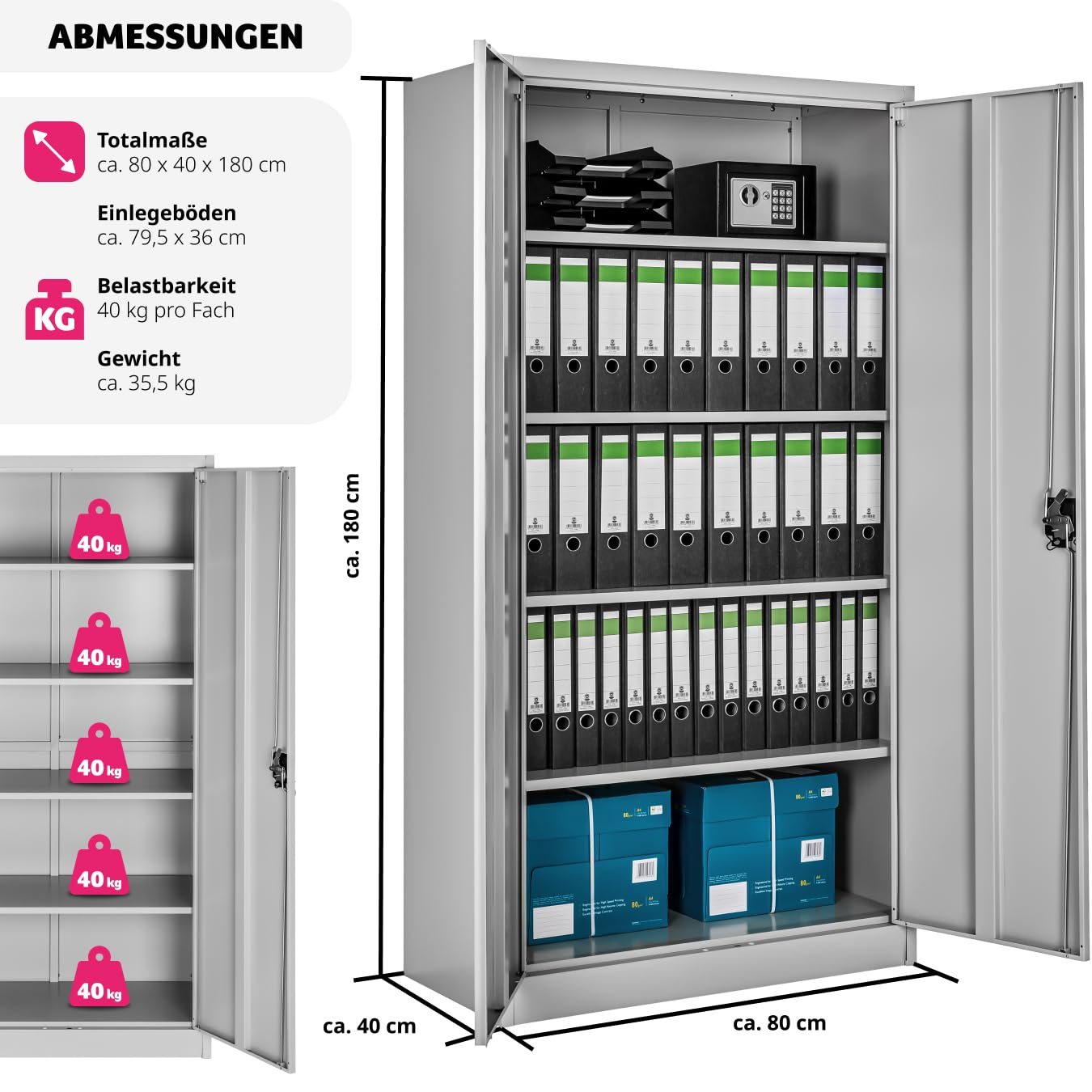 tectake Aktenschrank 180x80x40 cm – Abschließbarer Metallschrank mit 2 Türen und 3 höhenverstellbaren Einlegeböden, Grau