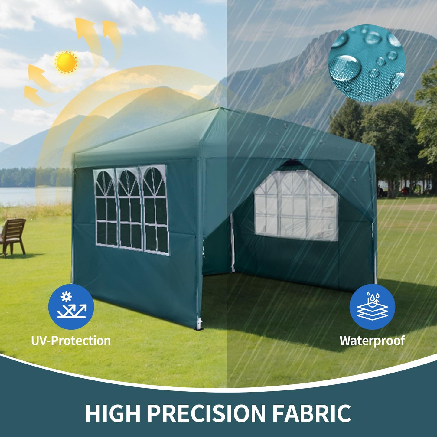 Pavillon 3x3m,Faltpavillon,Winterfest Wasserdicht Gartenpavillon mit 4 Seitenteilen、Tragtasche,Höhenverstellbar,UV Schutz 50+,Stabil,Metallrahmen,Partyzelt,Gartenzelt für Festival Camping Garten,Grün