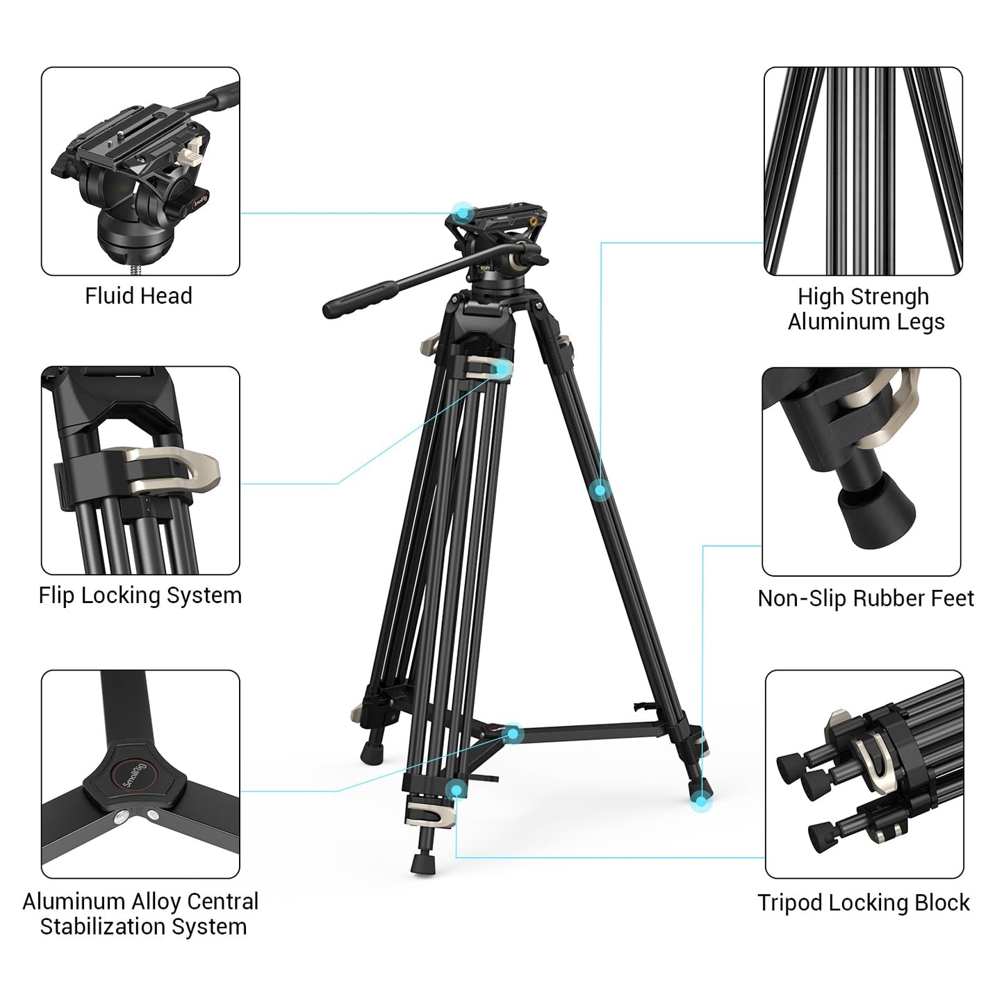 SMALLRIG Videostativ, 73-Zoll (186 cm) Heavy Duty Tripod Hochleistungs Stativ mit 360-Grad-Fluidkopf und Schnellwechselplatte für DSLR, Camcorder, Kameras, Belastbarkeit 8 kg - 3751B