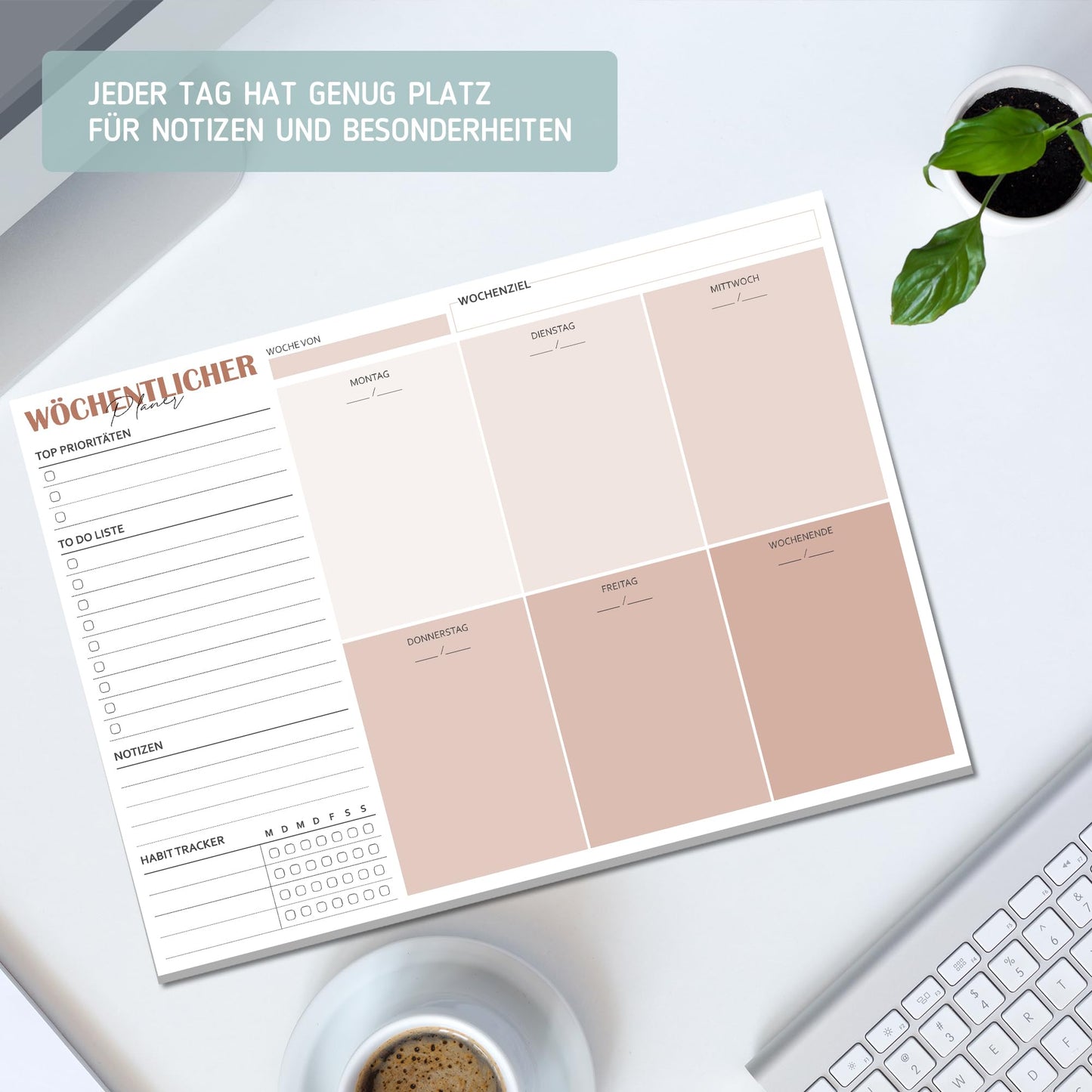 BIROYAL Wochenplaner Block A4 ohne festes Datum (50 Seiten), Schreibtischunterlage mit ToDo Liste, Wochenkalender Wochen Planer mit Wochenübersicht&Habit-Tracker für Termine, Aufgaben& Notizen (Braun)