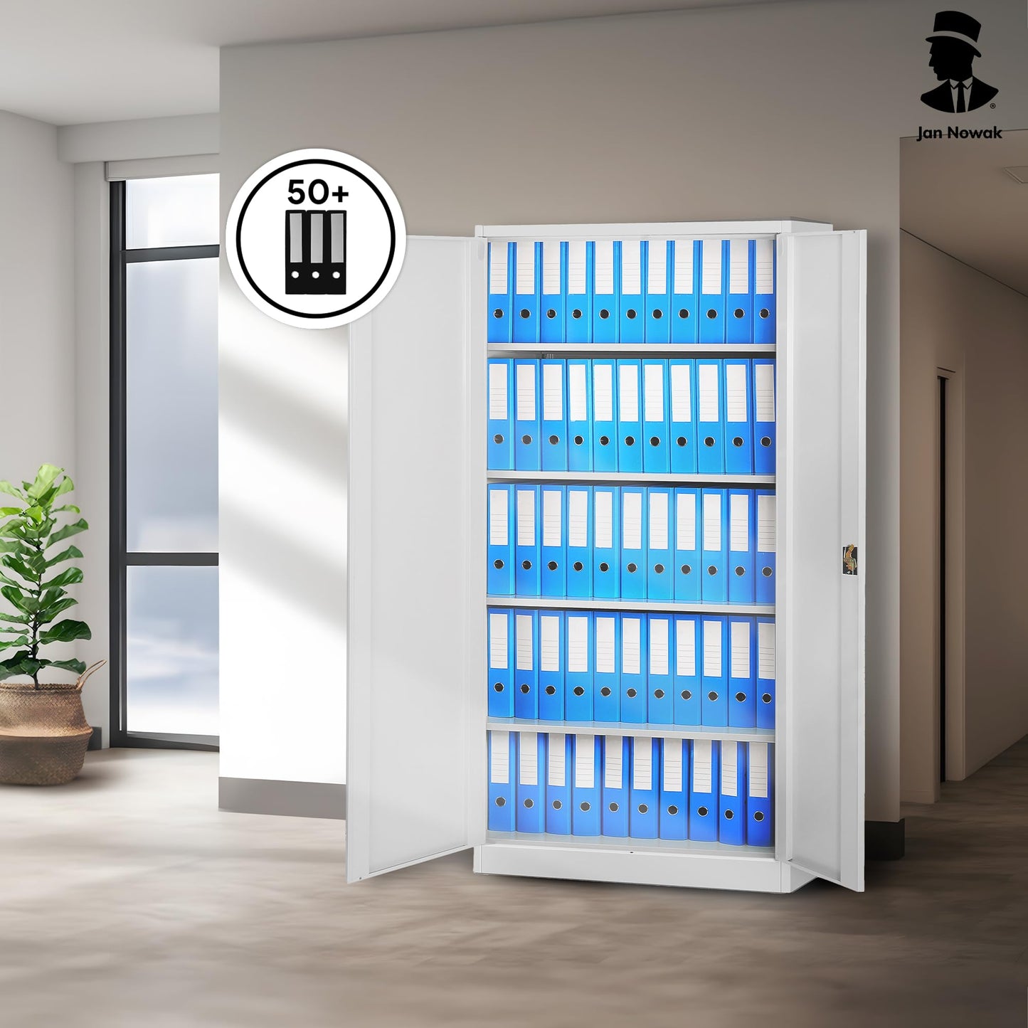 Jan Nowak Metallschrank Jan 185 x 90 x 40 cm – Abschließbarer Aktenschrank mit 2 Türen, 5 Ebenen und Pulverbeschichtung – Grau