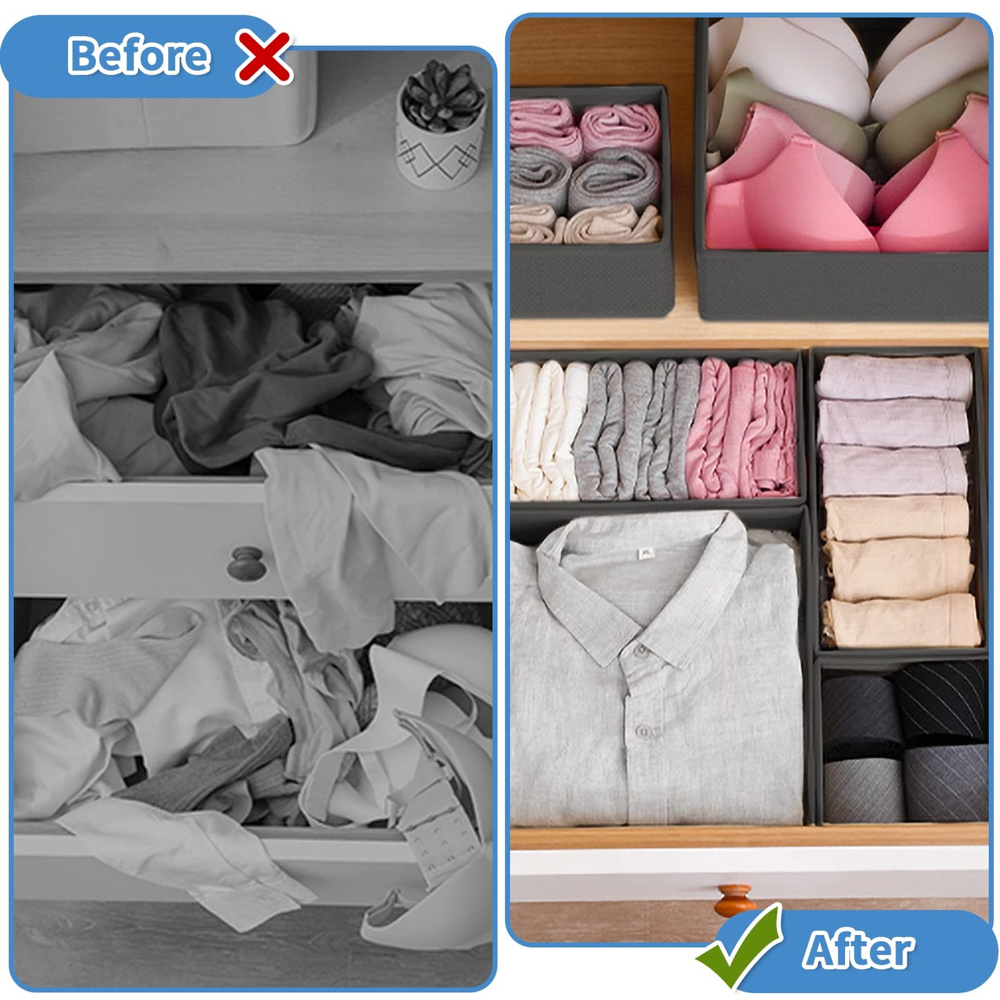 Withosent 8er Schubladen Ordnungssystem Kleiderschrank Organizer, Faltbare Kleidung Aufbewahrungsbox Stoff, Unterwäsche Organizer Schublade, Schrank Schubladentrenner für BHS, Socken, Krawatten