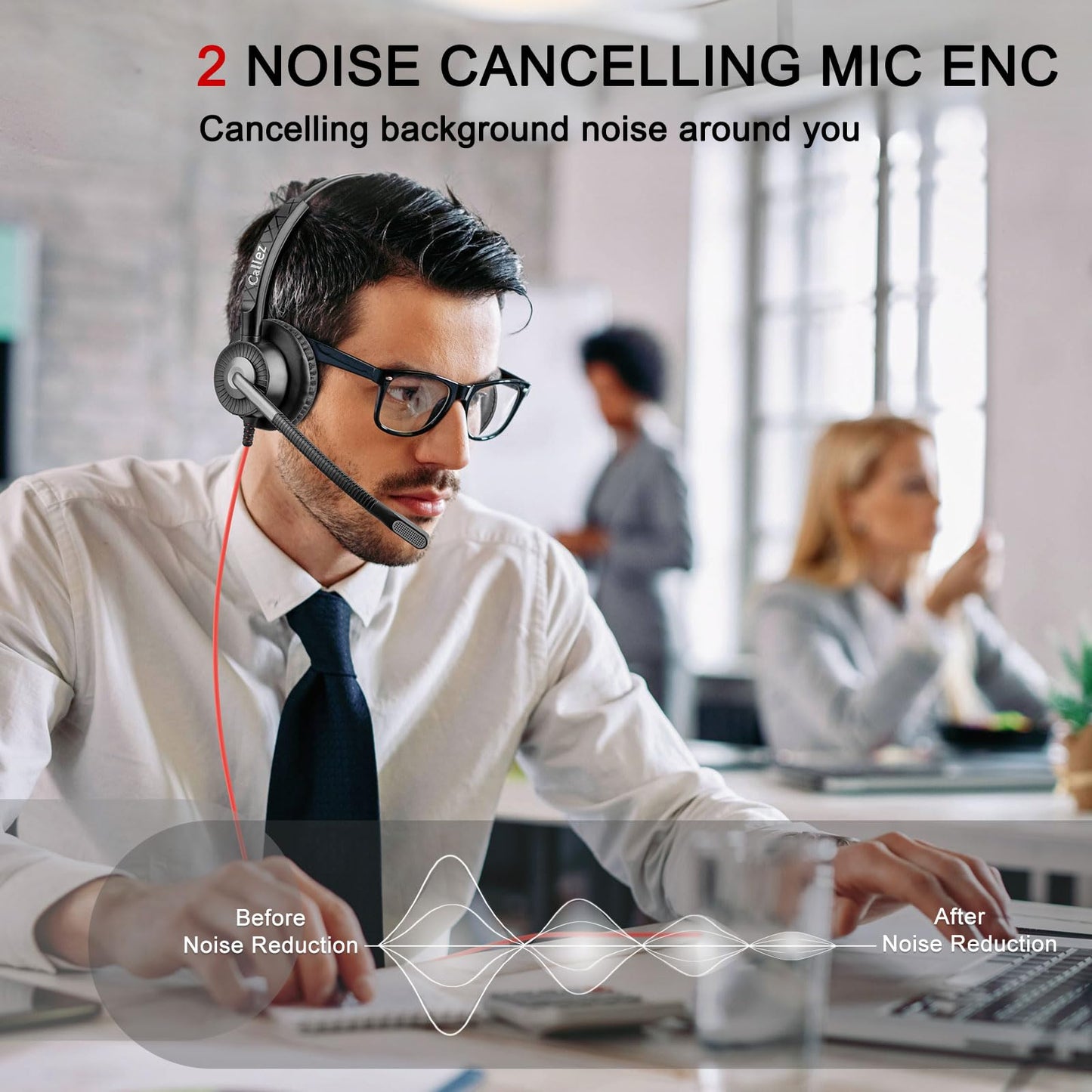 Callez USB Headset mit Mikrofon, PC Headset mit ENC Dual Noise Cancelling Mikrofon, USB Kopfhörer mit Teams Anruftaste für Teams Zoom Skype Videokonferenzen Homeoffice Büro Business Call Center