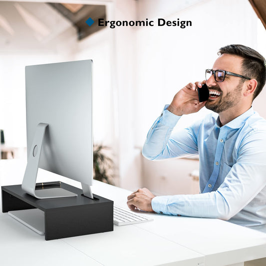 BONTEC Monitorständer, Unterbau Bildschirm, Ständer mit Handyhalter, ergonomischem Druckerständer mit Kabelführung für Laptop, Computer, Notebook, iMac, PC, 42CM, Schwarz