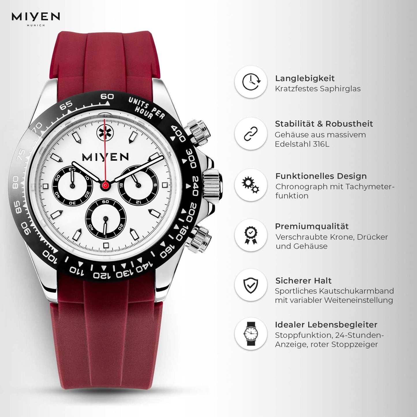 MIYEN MUNICH Voyager Herren Uhr - Chronograph mit Miyota Quarz Präzisionslaufwerk Saphirglas & Tachymeter Funktion – Silber Uhr Herren (Schwarz/Rot)