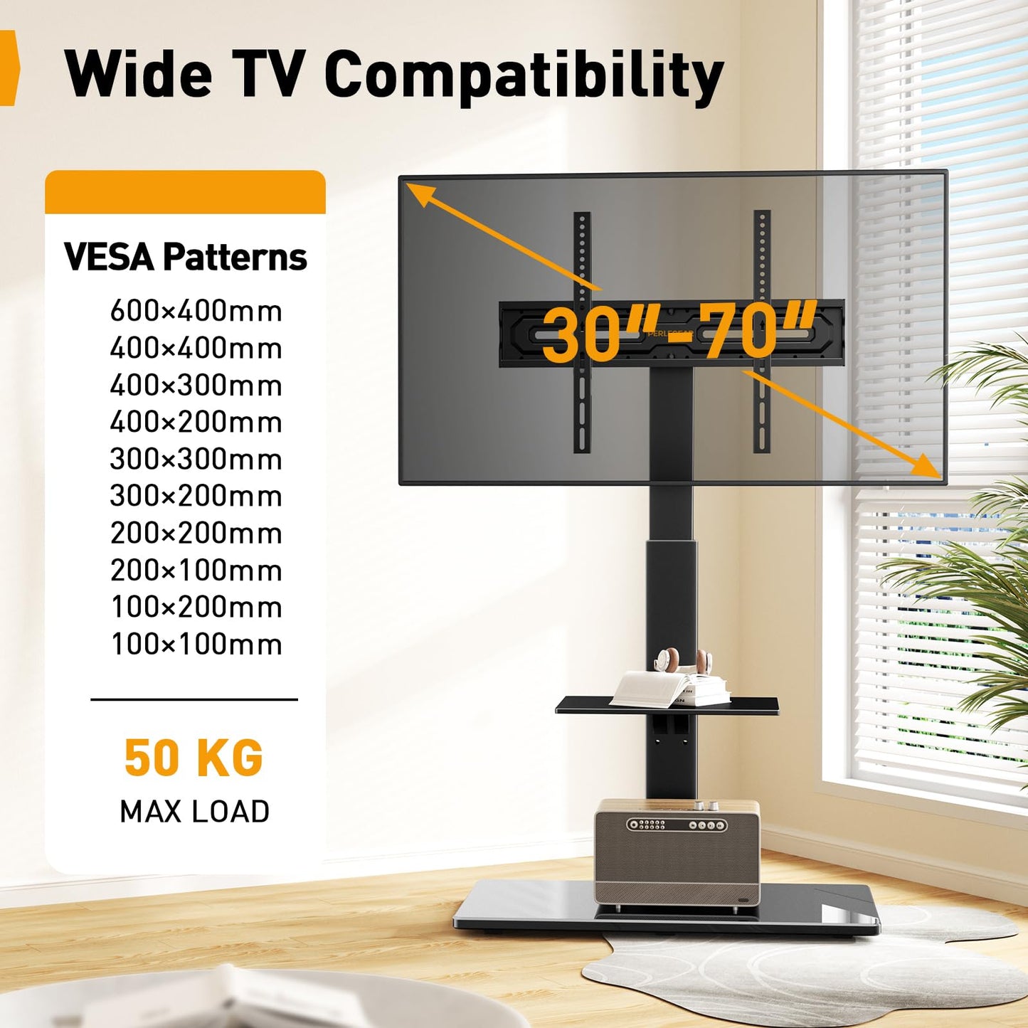 PERLEGEAR TV Ständer TV Bodenständer für 30-70 Zoll Flach & Curved Fernseher bis zu 50 KG mit Neigung, TV Stand mit höhenverstellbar, TV Standfuss mit Schwenkbar, Max VESA 600x400mm