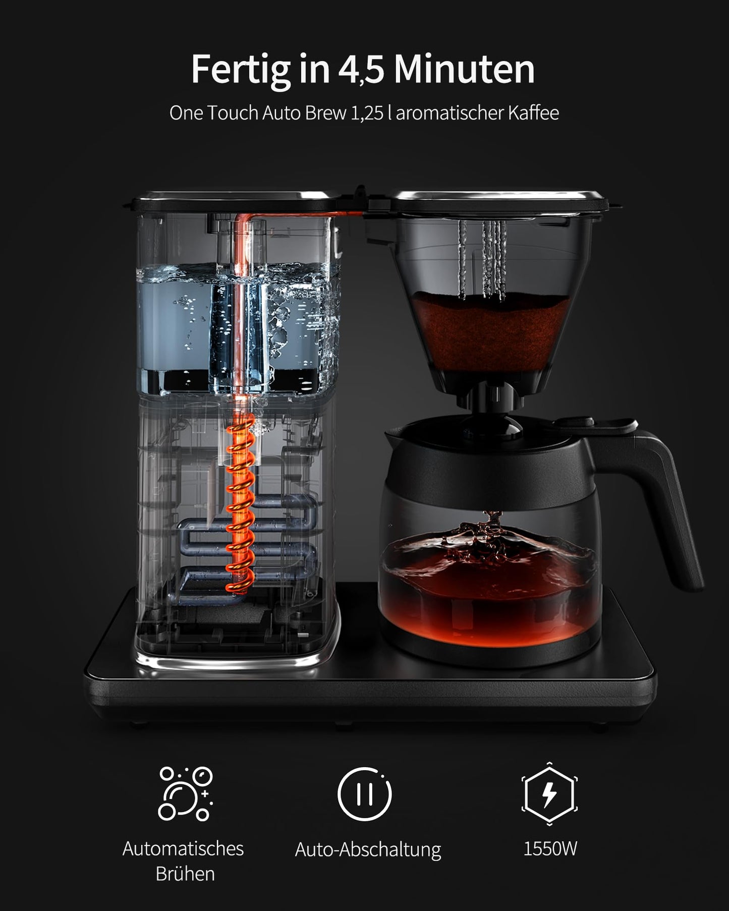 ZACHVO Filterkaffeemaschine mit 1.25L thermoskanne, kaffeemaschine für bis zu 10 Tassen, Permanentfilter, Fropf Stopp, Auto Abschaltung, BPA frei, 4,5 Minuten schnelle Kaffeezubereitung, 1550W