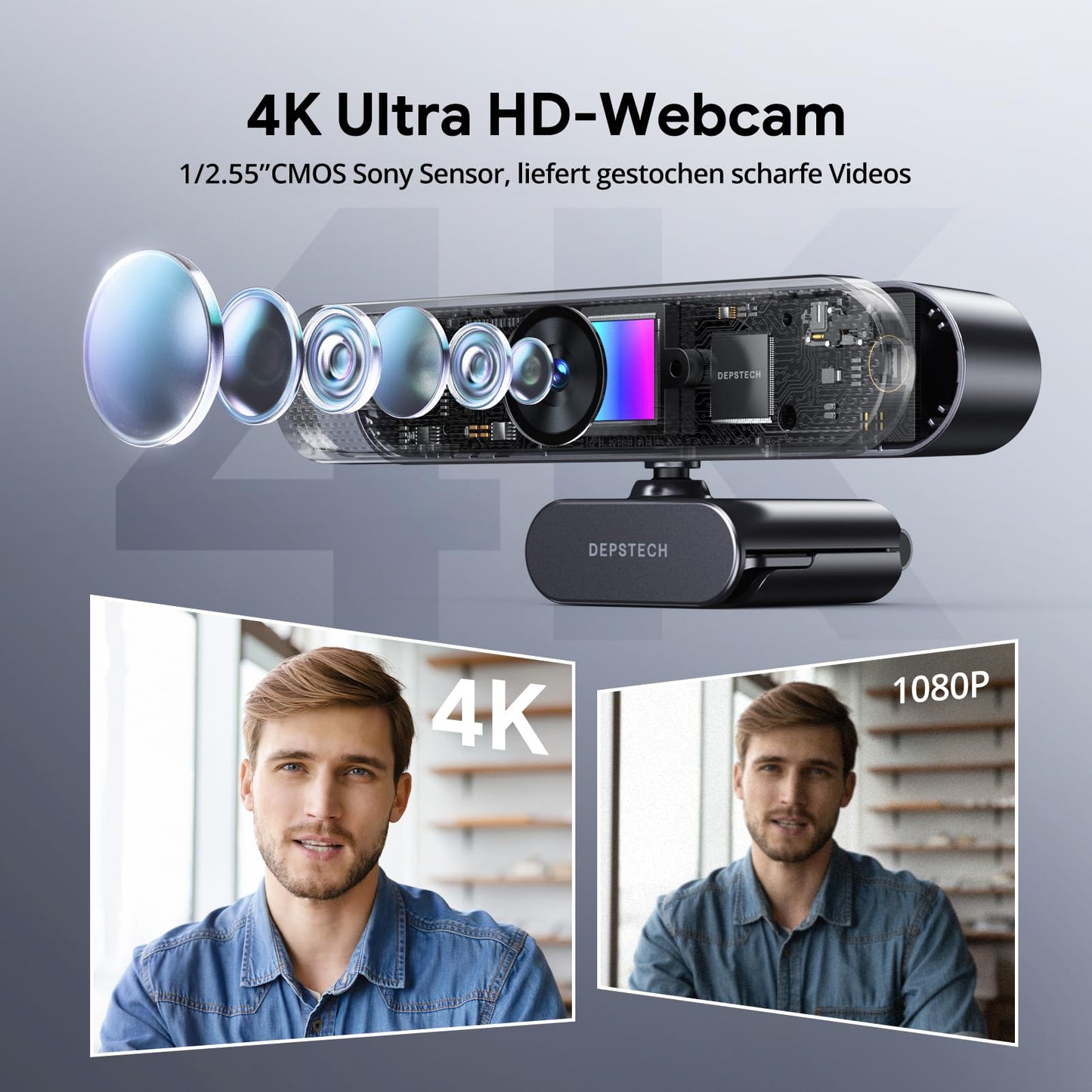 DEPSTECH DW50 Pro Webcam 4K, Ultra HD mit Mikrofon, 3-facher Zoom, 1/2.55 Sony Sensor, Duale Mics mit Geräuschunterdrückung, Fernbedienung, Autofokus Streaming Kamera für PC Laptop Mac, Teams