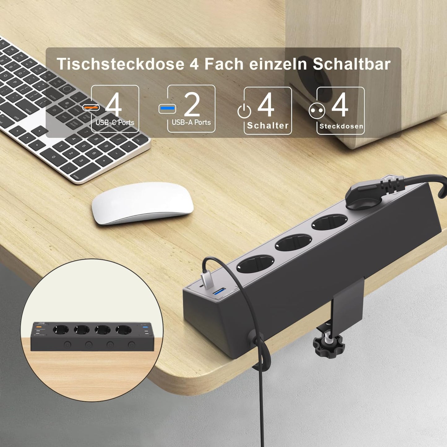 Tischsteckdose mit USB C 20W, Kinglink Steckdosenleiste Schreibtisch einzeln Schaltbar, 4Fach Mehrfachsteckdose mit Schalter, Überspannungsschutz mit 2M Kabel für Zuhause Büro, Schwarz