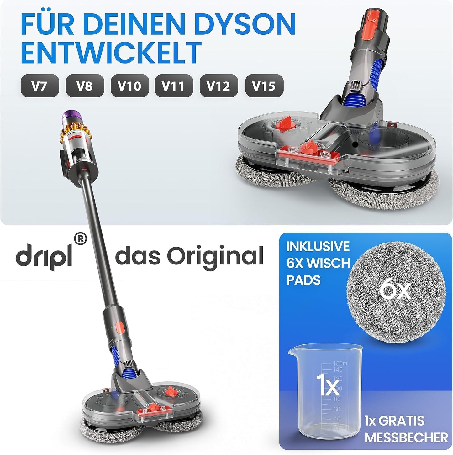 Dripl Wischaufsatz fΓΌr Dyson V7/V8/V10/V11/V15/Gen5 Staubsauger, Elektrischer Bodenwischer mit Abnehmbaren Wassertank und 6 Waschbare Mopps + 1 FΓΌllbehΓ€lter