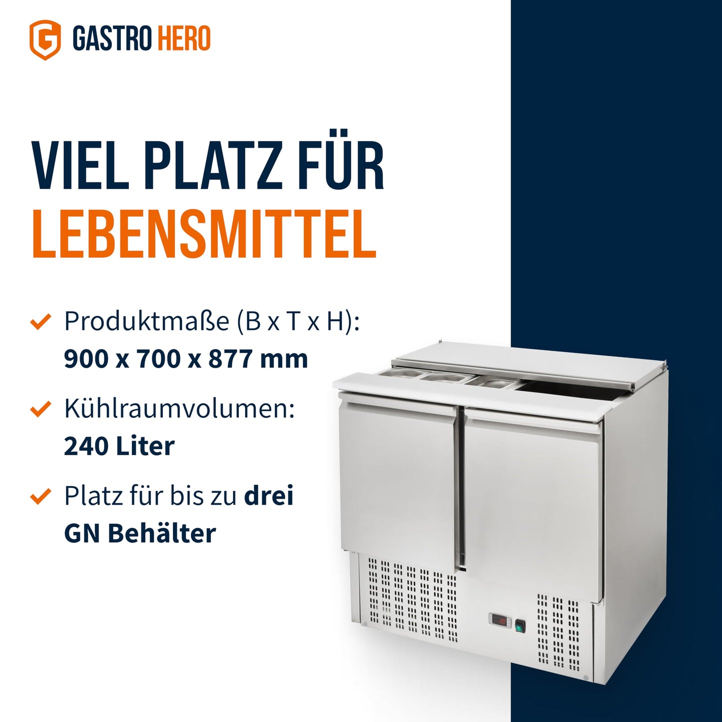 GastroHero Saladette Eco 900 – 240 Liter Kühlung, 2 Edelstahl-Türen, GN-Behältereinlass