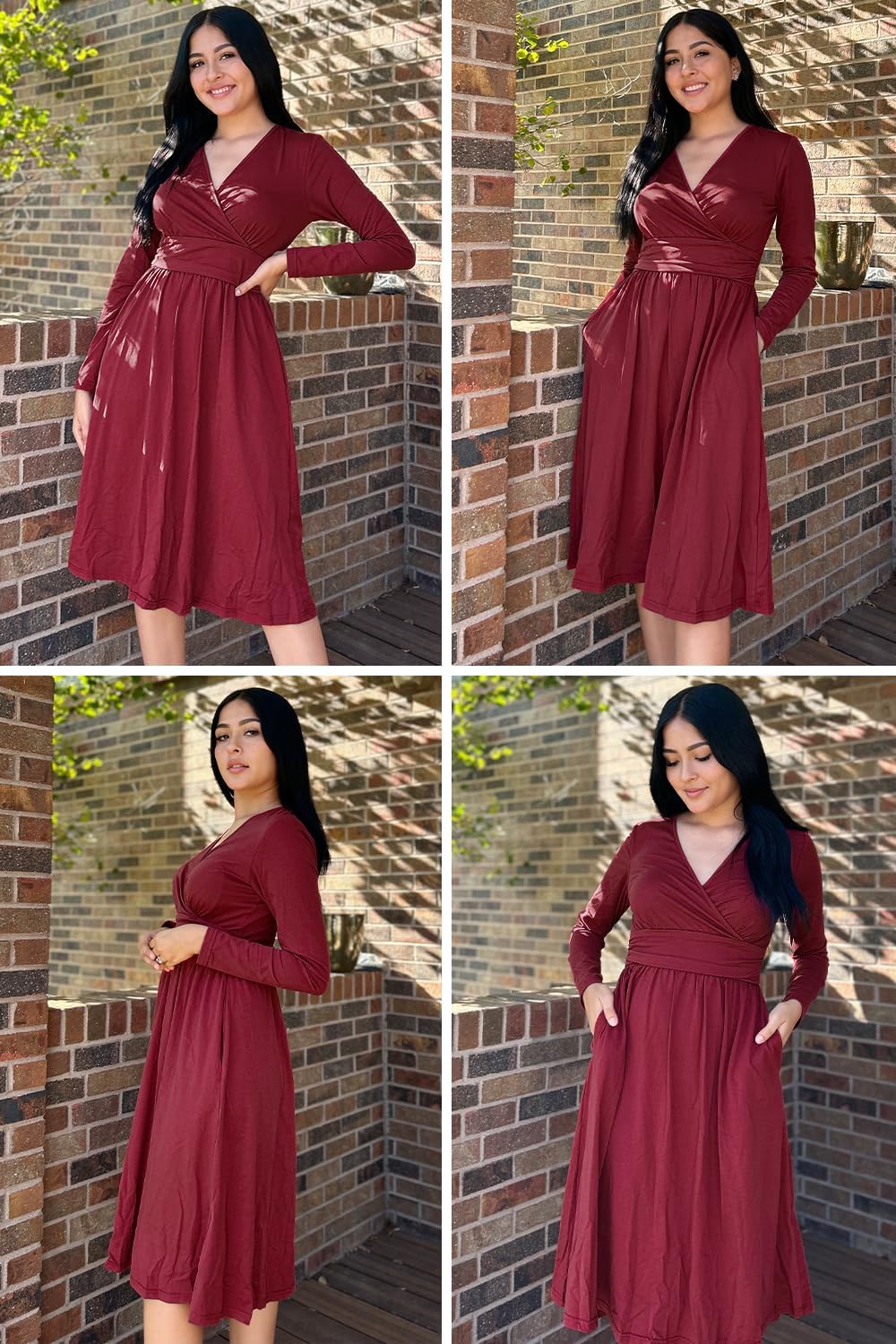 OUGES Kleid Damen Herbst V-Ausschnitt Langarm Kleider Herbstkleid Knielang Winterkleid Midi Mit Taschen