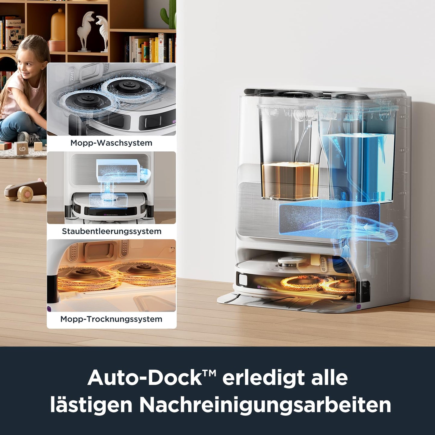EUREKA J12 Ultra DE Saug- & Wischroboter + All-in-One Station (KI-3D-Hinderniserkennung, intelligente Haustierumgehung, Auto Teppicherkennung, ideal gegen Tierhaare, App- & Sprachsteuerung) weiß