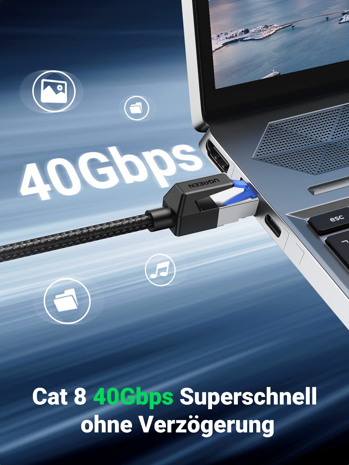UGREEN Cat 8 LAN Kabel 40Gbps 2000MHz Superschnell Netzwerkkabel POE RJ45 Ethernet Kabel Wlankabel kompatibel mit PS5/4, Steam Deck, Xbox, Switch, Router, Modem (1M)